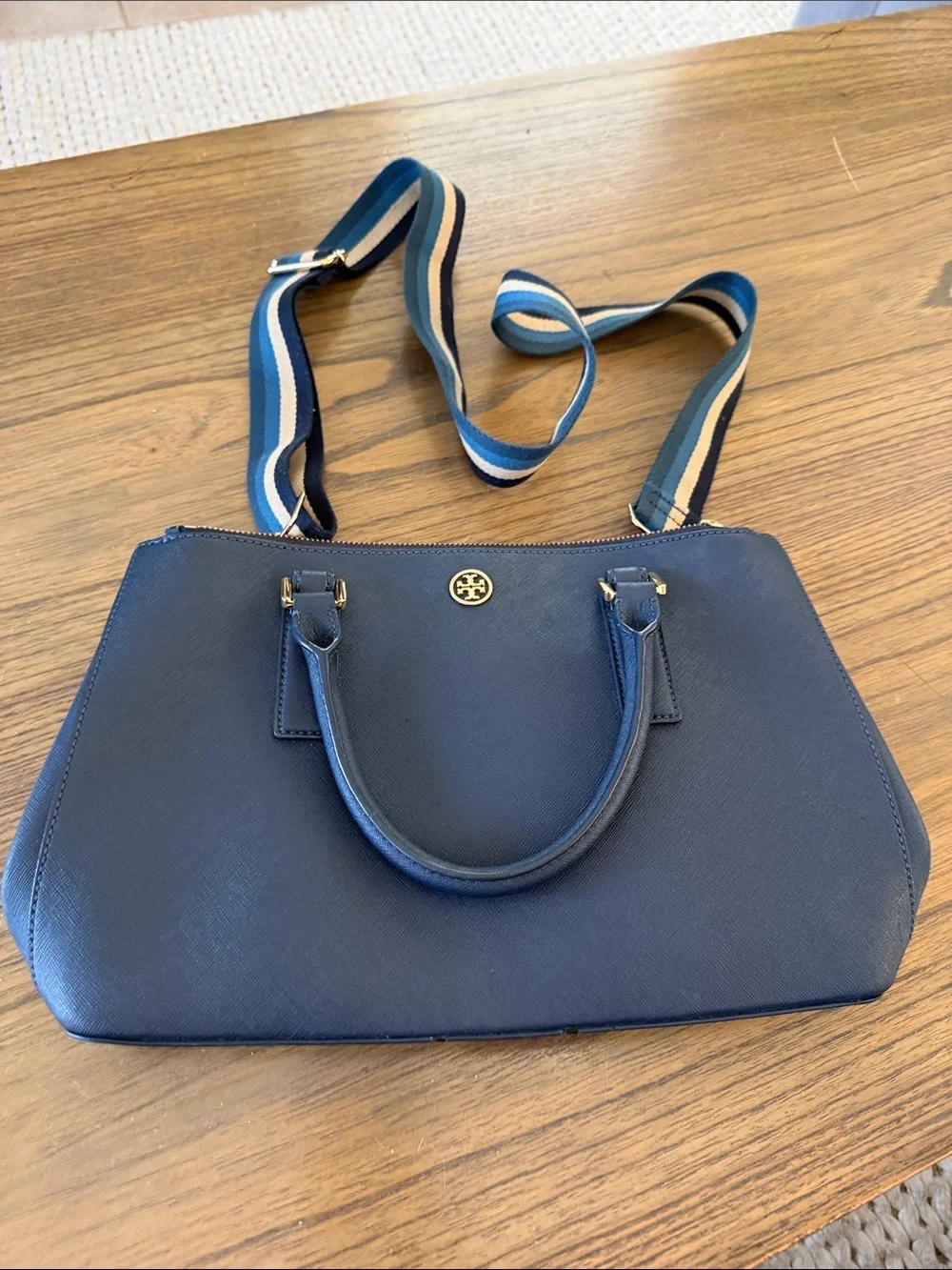Tory Burch Robinson Double Zip Saffiano Leather Tote Navy Blue Handbag